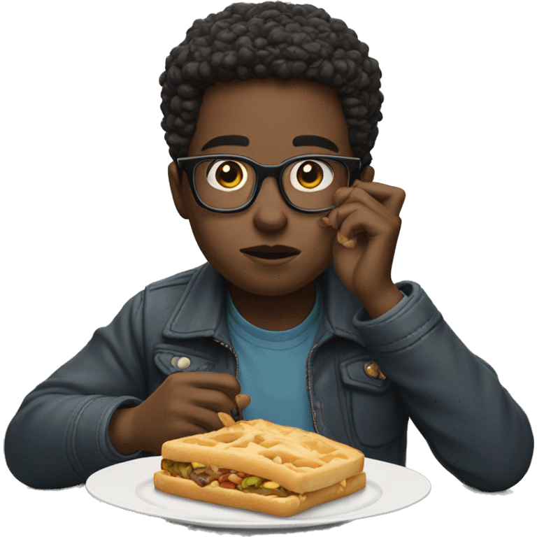 Boy with glasses eating iPhone 16 emoji