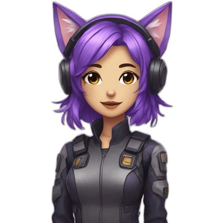 Anime mech pilot girl with purple hair and cat ears emoji