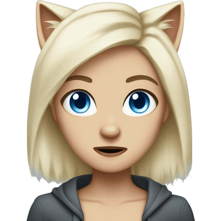 platinum blonde hair, blue eyes, angry cat ears, blushing emoji