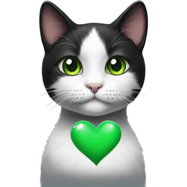 Realistic Black and white cat with green eyes holding a heart emoji