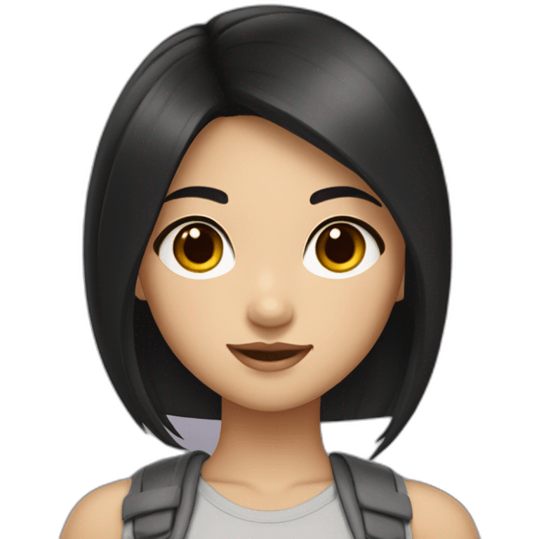 Asiatic girl with black ironed hair, brown eyes, emoji