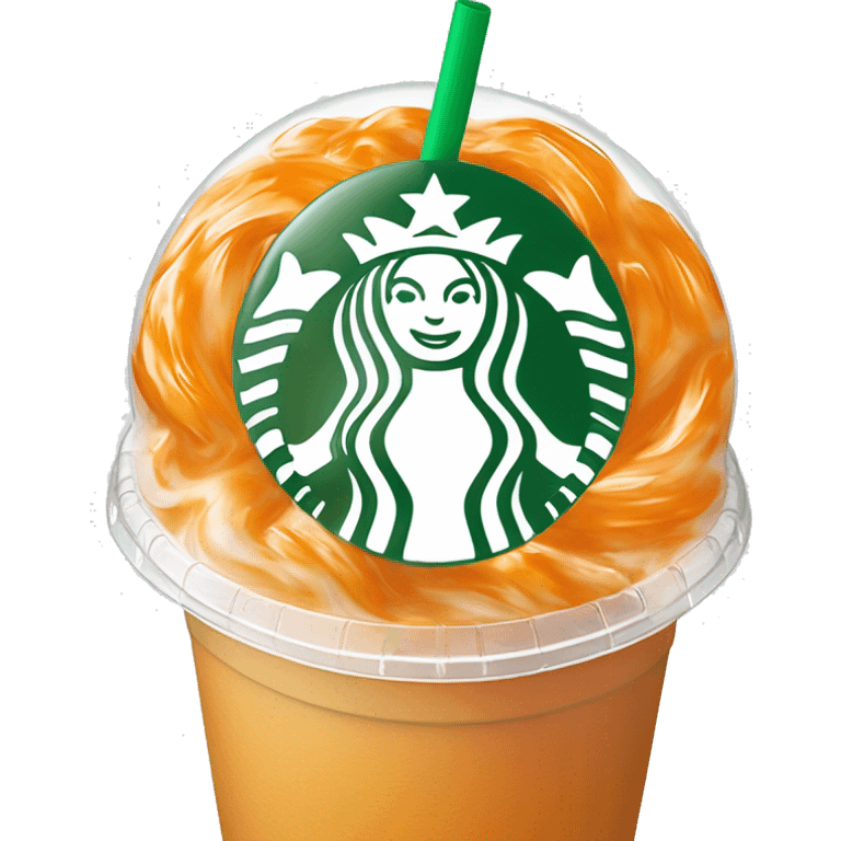 Realistic clear plastic cup with orange plastic Transluscent domed lid with orange and white swirled Frappuccino inside and green straw through the top of the lid. emoji