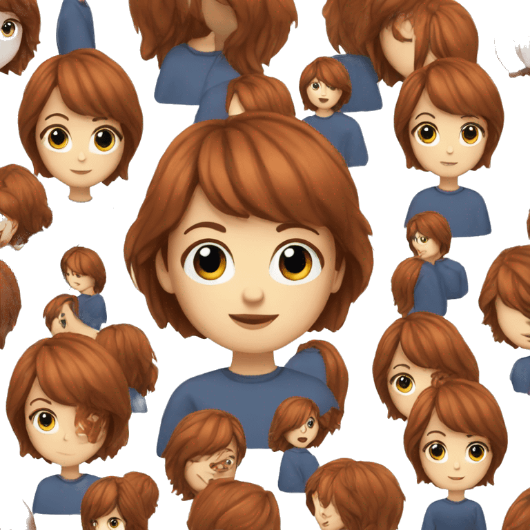 an auburn haired woman with bangs and blue eyes with a cross emoji