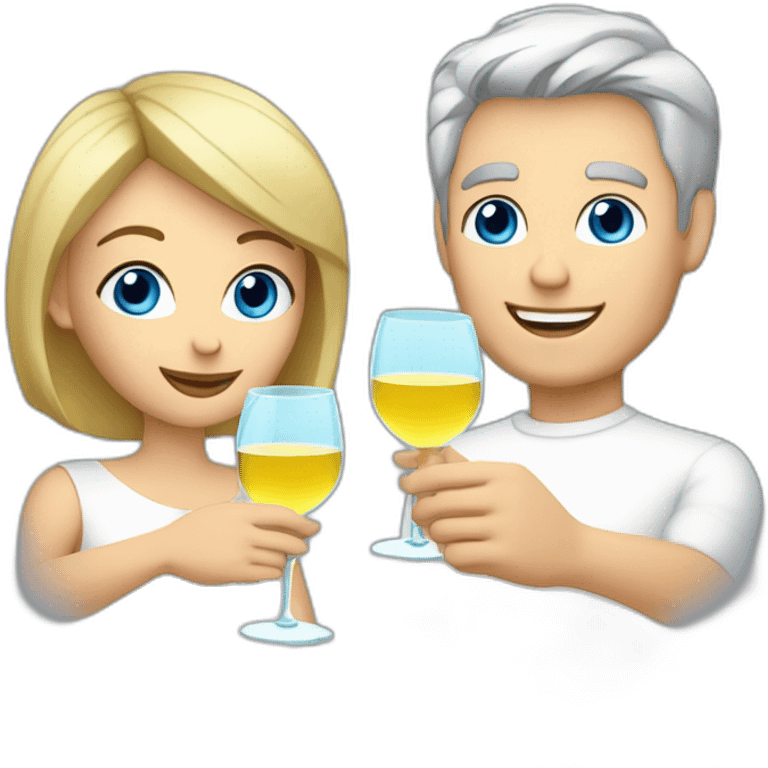 caucasian woman with brown eyes and blond short hair and a caucasian man with blue eyes and grey hair, toasting with a glass of white wine emoji