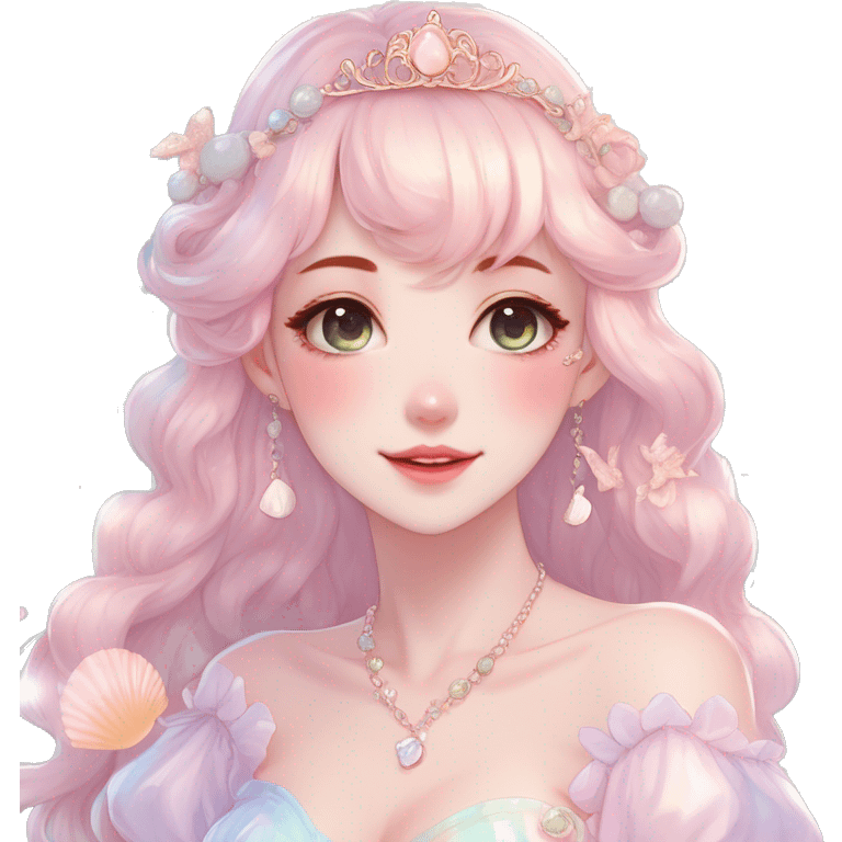 Gorgeous pastel anime style lady with blushing face and seashell-tiara dress necklace cottagecore fairycore pastelcore colorful pearly romantic simplistic aesthetic trending style emoji