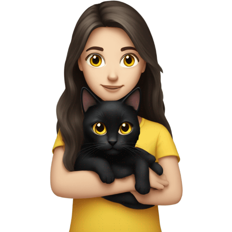 Long haired brunette blue eyed girl holding a black cat with yellow eyes emoji