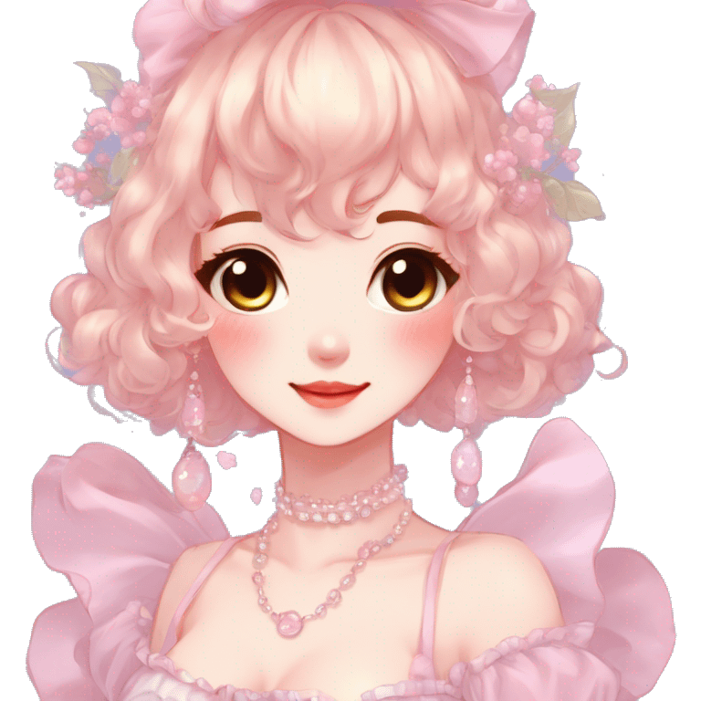 Gorgeous anime style lady with blushing face and accessories cottagecore fairycore Kawaii anime colorful pearly romantic aesthetic trending style emoji