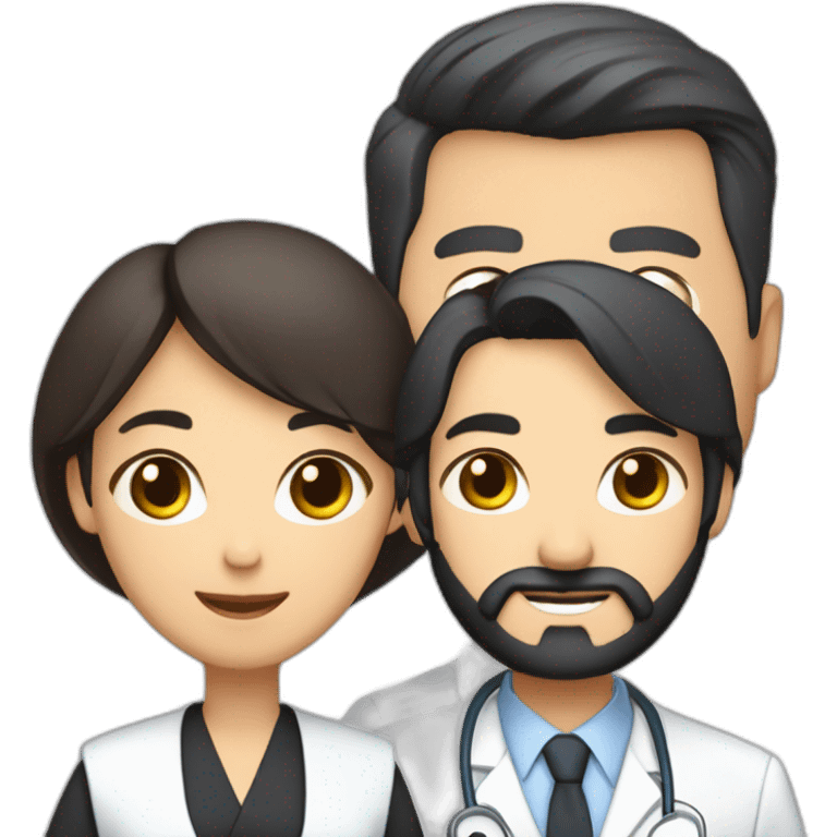 husband middle-aged dark hair trimmed beard wearing dark business suit holding bible, wife asian middle-aged black long hair nurse, with no children emoji