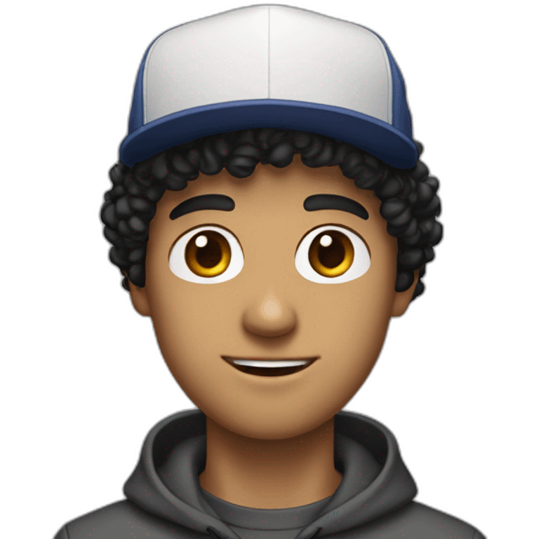 20yo Curly white man black hair with a MacBook and a ny cap emoji