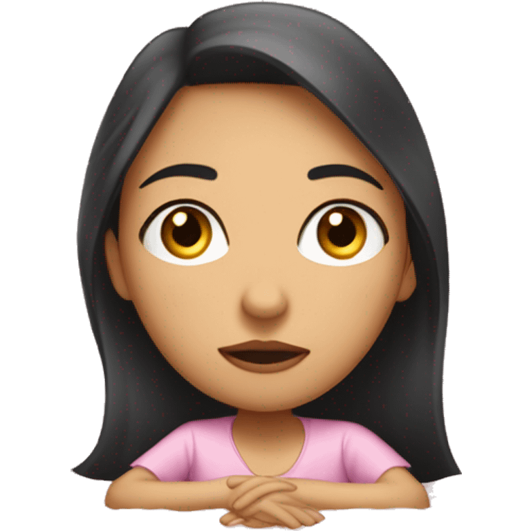 An emoji of a light-skinned girl with straight dark hair, dark eyes, wearing casual sleepwear, sitting up or getting out of a pink bed with neatly arranged sheets, looking slightly sleepy but awake. emoji