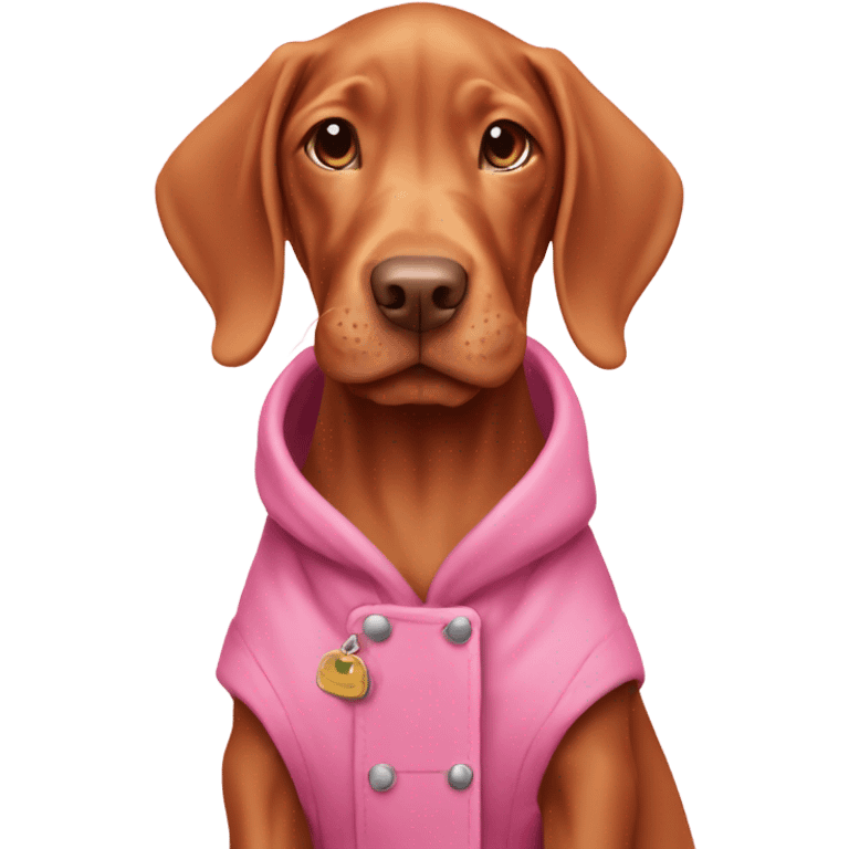 Vizsla puppy smiling wearing a pink coat emoji