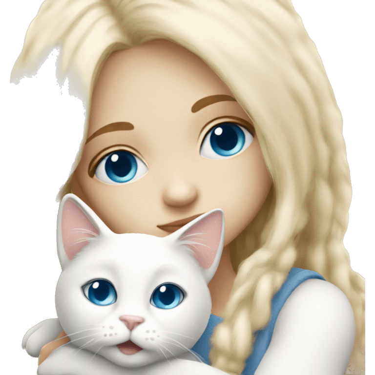 blondie girl with blue eyes hugging a white fluffy cat emoji