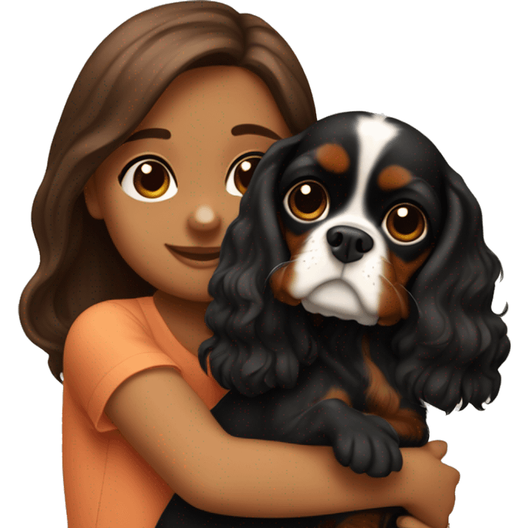 cute girl hugging two black and brown cavalier king charles spaniel  emoji