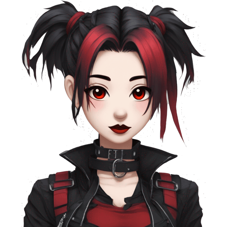 Gorgeous gothic dark techwear anime style lady with blushing face aesthetic and pretty edgy black red punk messy ponytail hair with collar and harness trending style emoji