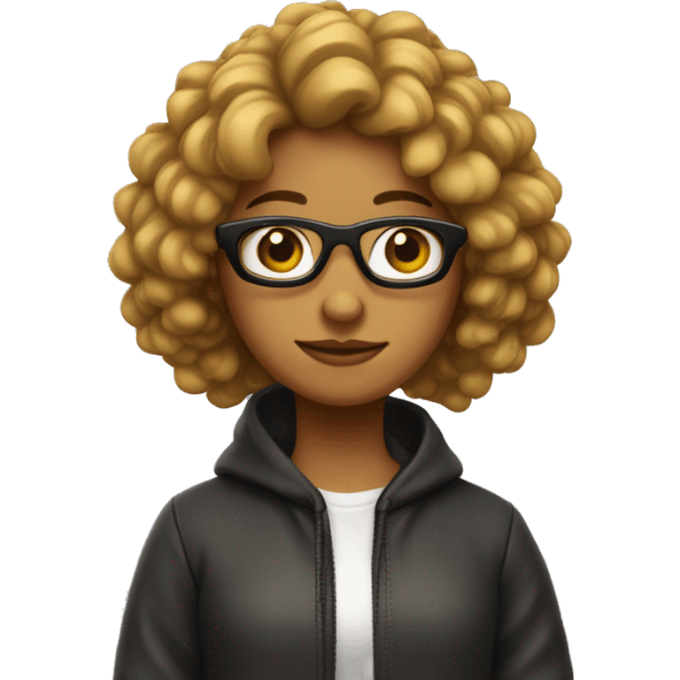 chica con pelo castaño,rulos, gafas y sudadera negra emoji