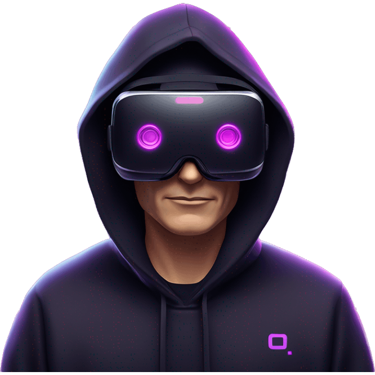 Vladimir Putin wearing a black hoodie with "OMG" letters on it and VR headset oculus quest 2 in a cyberpunk VR environment with violet neon lighting. emoji