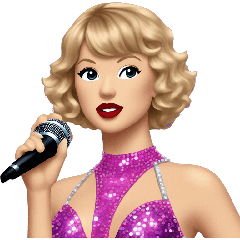 Taylor Swift wearing bedazzled pink and purple leotard bodysuit with microphone and red lipstick on stage emoji