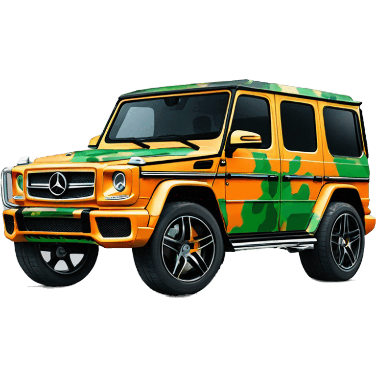 Young Dolph luxury clothes,blue diamond chain on,near his car, just opened drivers side car door to his all orange and green colored,whole car painted army camouflage, Mercedes G Wagon emoji