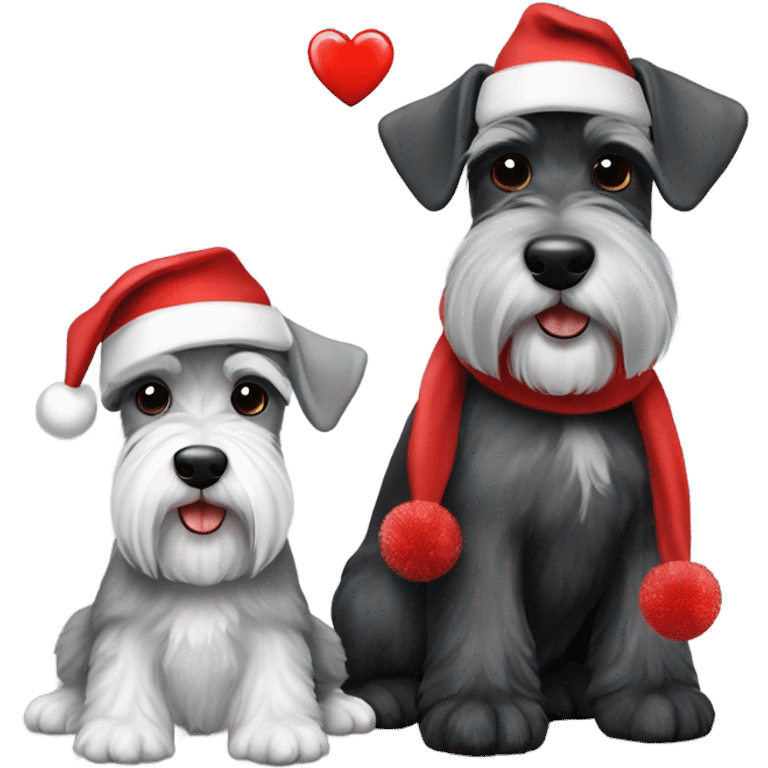 2 miniature schnauzers, 1 grey and 1 black, wearing Christmas hats with a heart emoji