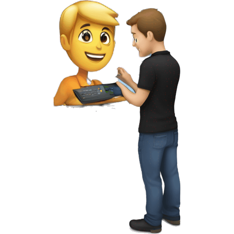 Technician in black polo shirt installing a 43 inch  monitor on exhibition stand emoji