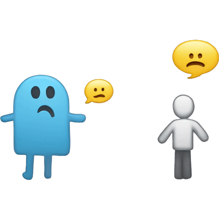 stick figure on the left talking with a speach bubble with sad face and another stick figure on the right talking to them with a speech bubble with a question mark emoji