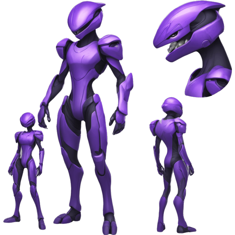 A purple Reptile-Raptor-Genesect-Mewtwo-Fakémon, with a futuristic visor-helmet, wearing a techwear-suit, Full Body emoji