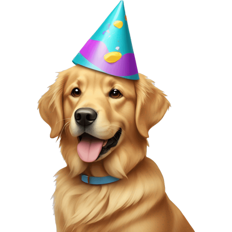 Golden retriever wearing a party hat emoji