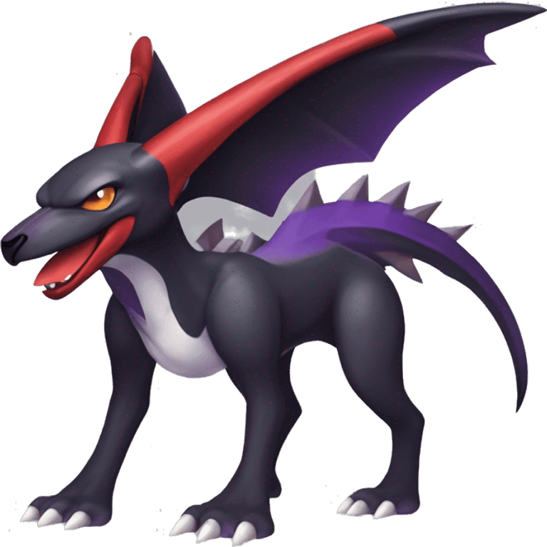 Black Cool Edgy Nargacuga-Houndoom-Garchomp-Noivern Fakémon  with White and Red and purple and black Edgy markings emoji