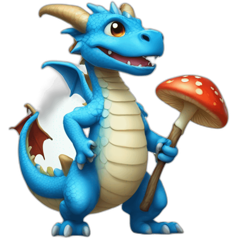  Cute Blue dragon NO ears wearing a mushroom cap carrying a stick in one arm standing on two legs emoji