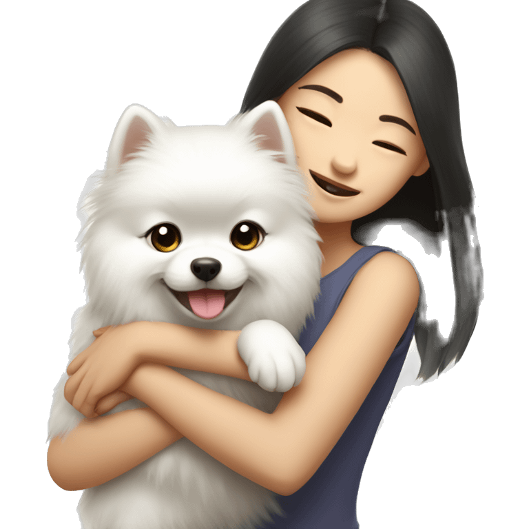 Chinese girl hug white Pomeranian emoji