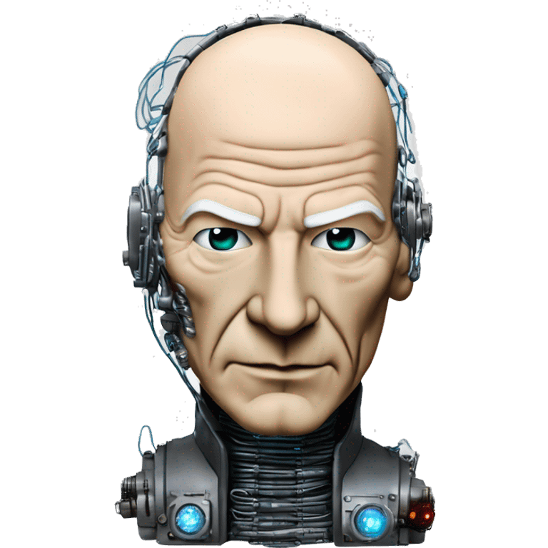 Jean luc picard from Star Trek assimilated by the Borg, with mechanical metal covering the left side of his face, with wires and a red light on the left side. His eyes are blue emoji