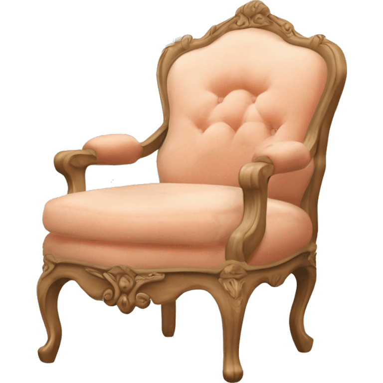 Vintage French chair with Mongolian peach, curly fur on the seat and a vintage peach and white floral on the top in a natural wood frame emoji