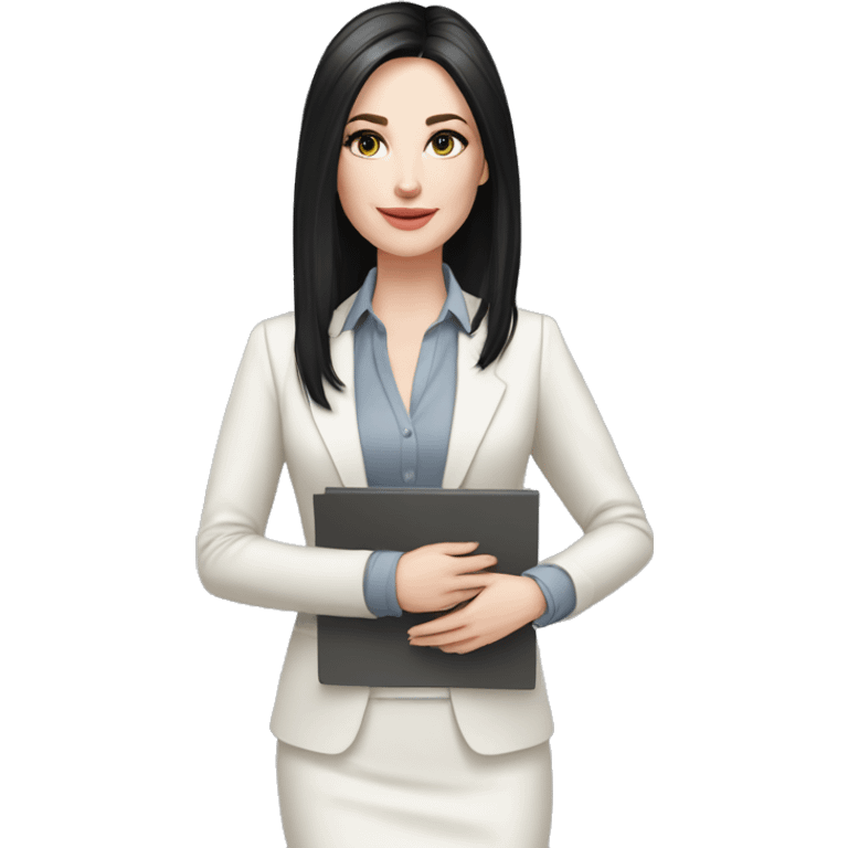 pale skin woman interior designer with cold blonde middle length black straight hair, gray eyes, White classical jacket, blouse, Gray skirt holding a color palette in the hands emoji