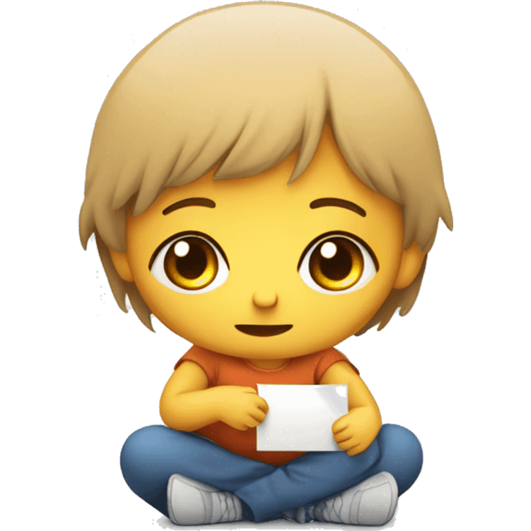 Design an emoji of a sad young child sitting on the ground, holding a sign that says "Help." The child should have basic features, with a vulnerable expression and a simple, relatable look. emoji