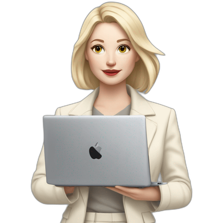 pale skin woman with ash blonde Straightened bob Hair, White Spacious classical jacket, beige palazzo Arrow pants and gray blouse holding a MacBook in the hands emoji