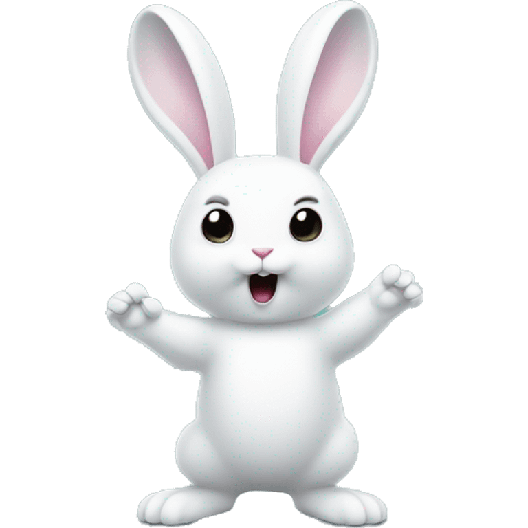 White bunny standing on its hind legs, holding a ghost figure emoji