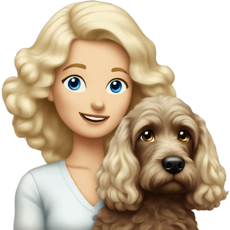 blue eyed very old long haired blonde lady with dark brown Cockapoo puppy dog emoji