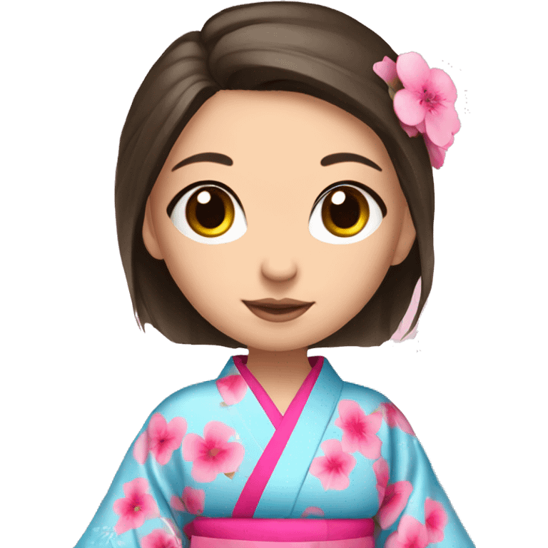 cute brunette girl with blue eyes in pink flower kimono emoji