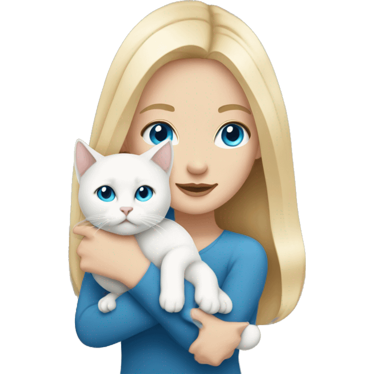 Blonde white girl blue eyes holding a white cat emoji