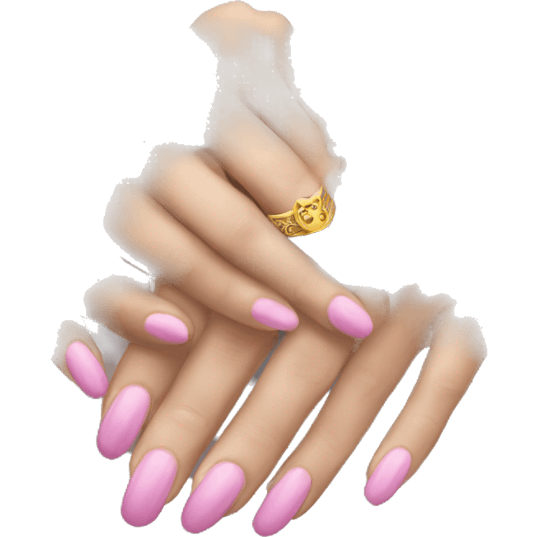 A white woman’s praying hands with pink nails and a gold ring emoji