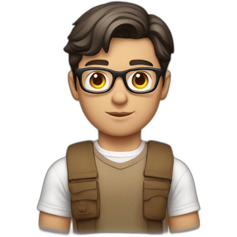 front view of young clark kent wearing white t-shirt using a laptop emoji