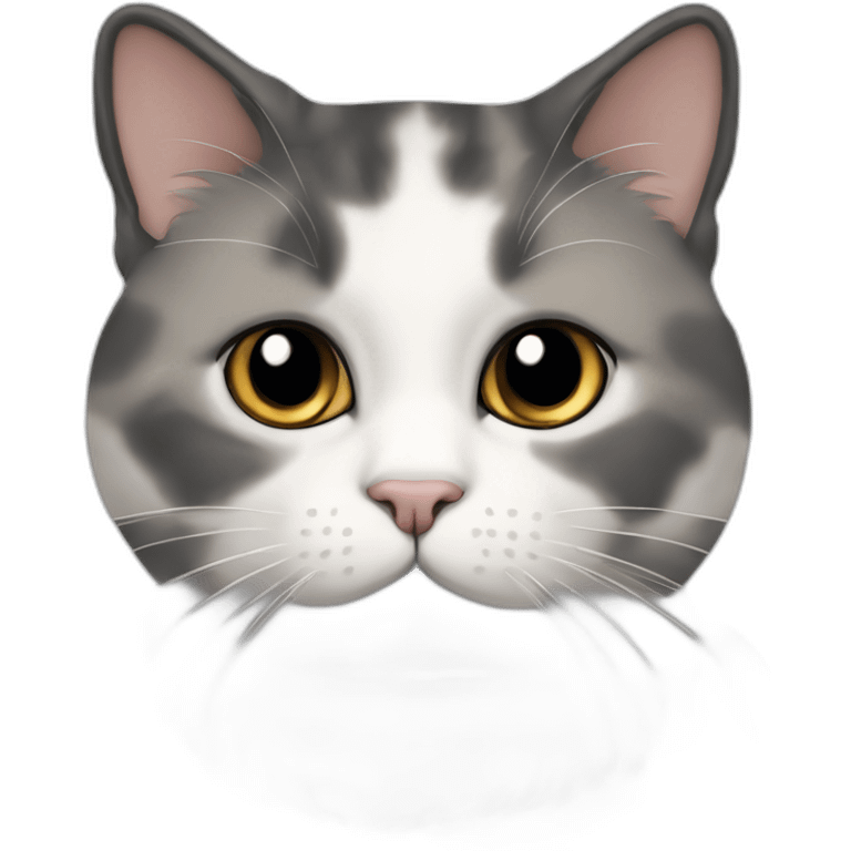 senior chubby diluted calico cat, white chin, black nose, grey ears, grey and white emoji