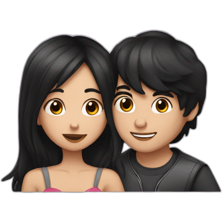 girl with black long hair and boy with black hair kissing emoji