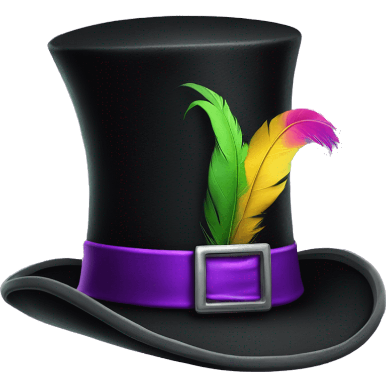 Realistic isolated black voodoo top hat with purple buckle around top of hat with purple,green,and yellow feather stuck in it. emoji