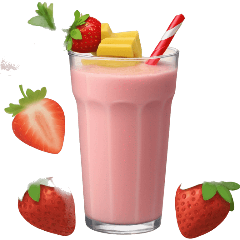 A strawberry banana smoothie with a orange straw emoji