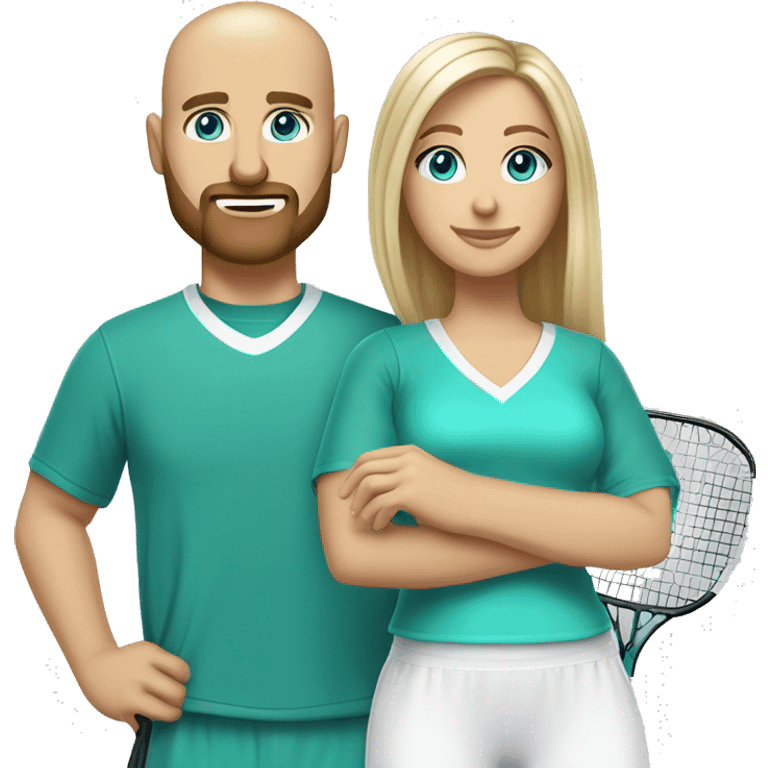 Same image but White couple. Male bald with beard. Aqua eyes. Woman long blonde brown highlight hair. 35. Aqua eyes. In pickleball clothes  emoji