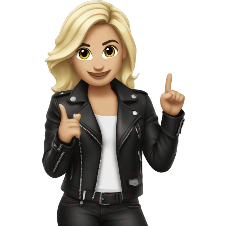 blonde Demi Lovato in leather jacket outdoors pointing on you emoji