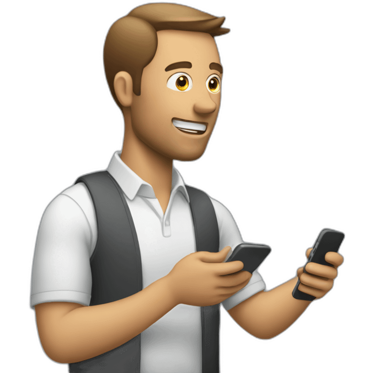 A man talks to his mobile phone sideways emoji