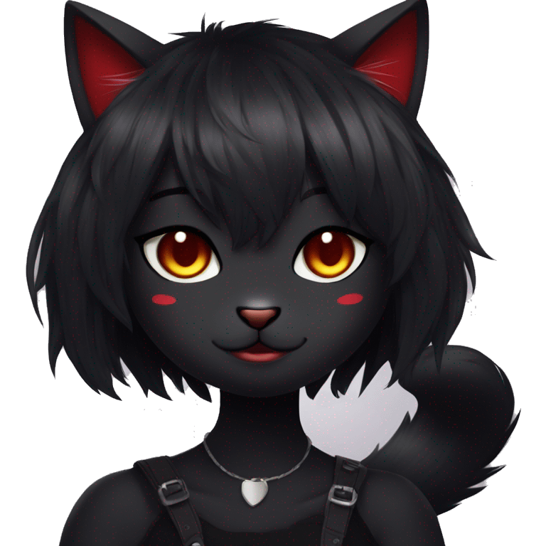 Anthro Edgy Cool Beautiful Black Cat-Fursona with Emo Hair-bangs with Red Streaks emoji