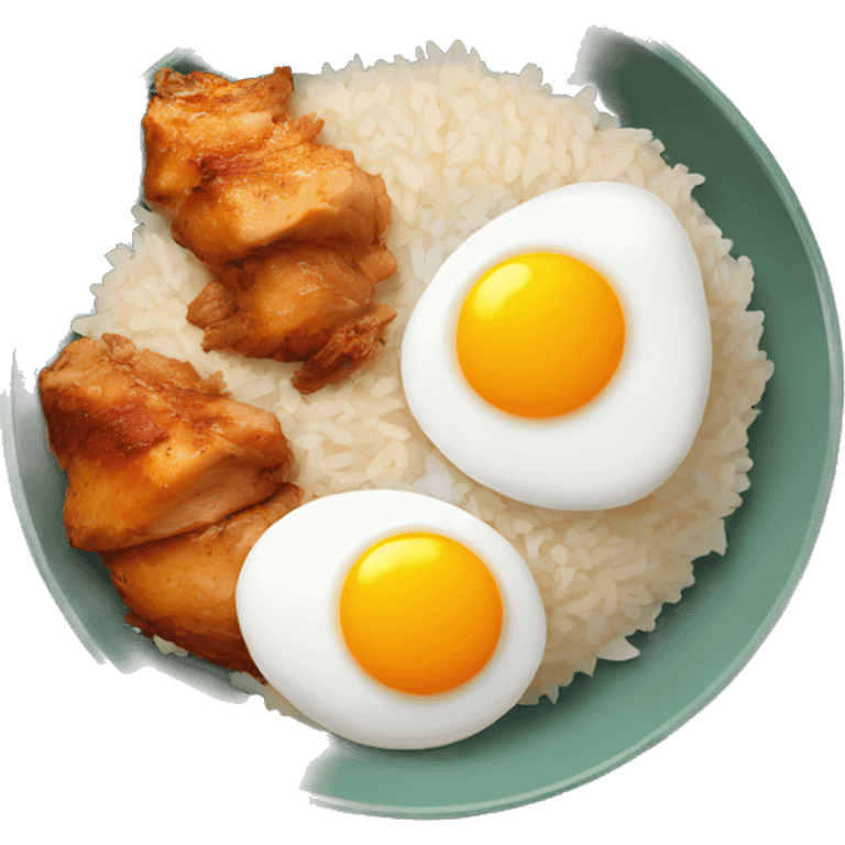 a bowl of rice with two eggs and chicken thigh emoji